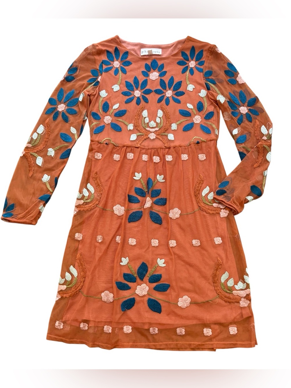 Philosophy by Republic Embroidered Terracotta Mesh Floral Midi Dress, Size S